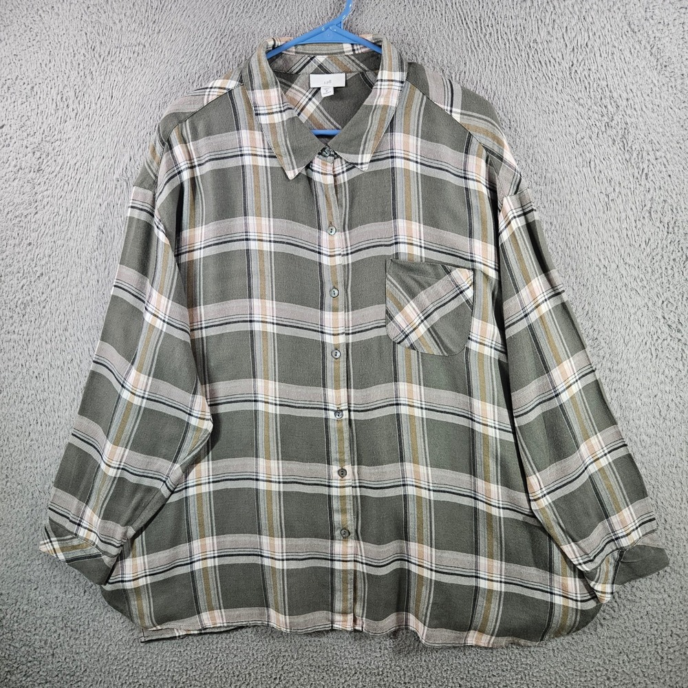 J Jill Plaid Button Down Shirt Womens 2X Green Long Sleeve‎ Viscose Blend